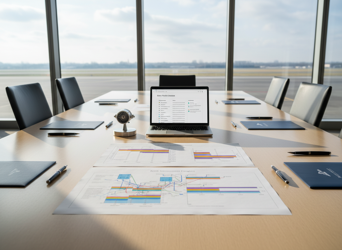An elegant, minimalist conference table prepared for an aviation compliance briefing, featuring a large, crisply printed schematic of an aircraft maintenance program, color-coded Gantt charts of inspection intervals, and a central, slim metal laptop displaying an EASA Part CAMO checklist on a clean interface. Around the table lie neatly aligned pens, branded folders, and a small, subtle model turbine engine on a brushed steel stand as a focal decorative element. The room has floor-to-ceiling windows with an abstract view of a distant runway and taxiways, bathed in soft morning daylight that casts gentle linear shadows across the table. Captured at eye level with a wide-angle lens and sharp focus, the photographic realism style projects a calm, authoritative, and highly professional aviation consulting environment.