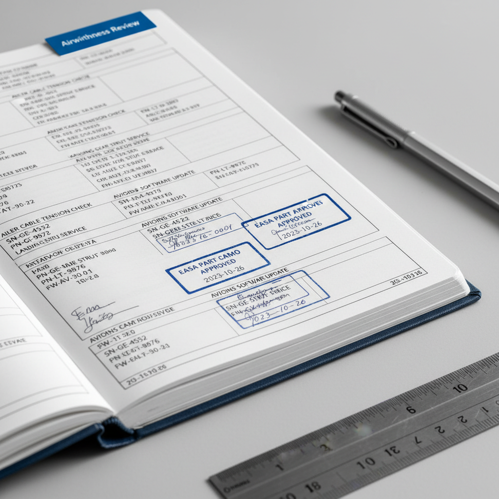 A precise, close-up photographic shot of a heavily annotated aircraft maintenance logbook open to a recent check entry, with clearly typed task descriptions, component serial numbers, and stamped approval boxes, all following EASA Part CAMO structured formatting. The logbook rests on a smooth light-grey surface beside a stainless-steel ruler, a precision mechanical pencil, and a small blue bookmark tab labelled “Airworthiness Review”. Soft, directional light from the right creates delicate shadows in the paper’s embossed lines and brings out the texture of the ink and cardstock cover. The composition uses a shallow depth of field, keeping the central text and stamp area in razor-sharp focus while the edges fall into a gentle blur, emphasizing accuracy, traceability, and regulatory rigor in a clean, documentary-style photograph.