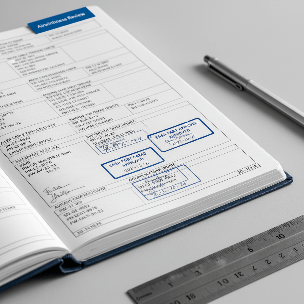 A precise, close-up photographic shot of a heavily annotated aircraft maintenance logbook open to a recent check entry, with clearly typed task descriptions, component serial numbers, and stamped approval boxes, all following EASA Part CAMO structured formatting. The logbook rests on a smooth light-grey surface beside a stainless-steel ruler, a precision mechanical pencil, and a small blue bookmark tab labelled “Airworthiness Review”. Soft, directional light from the right creates delicate shadows in the paper’s embossed lines and brings out the texture of the ink and cardstock cover. The composition uses a shallow depth of field, keeping the central text and stamp area in razor-sharp focus while the edges fall into a gentle blur, emphasizing accuracy, traceability, and regulatory rigor in a clean, documentary-style photograph.