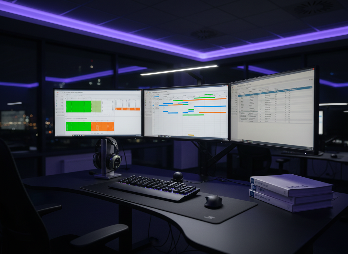 A detailed cockpit-style workstation dedicated to CAMO oversight, showing multiple ultra-wide monitors mounted on a matte black desk, each displaying different aspects of fleet maintenance status: color-coded compliance charts, scheduled inspections timeline, and digital aircraft technical logs. A sturdy keyboard, aviation headset resting on a stand, and neatly lined reference manuals with EASA labels complete the scene. The room is a dim, modern office with cool-toned ambient lighting and a focused white task light illuminating the desk surface, creating subtle highlights on plastic and metal textures. Photographed from a slightly elevated three-quarter angle with shallow depth of field, the background softly fades into darkness, emphasizing the illuminated screens and suggesting advanced, data-driven aviation consulting in a sleek, high-tech photographic style.