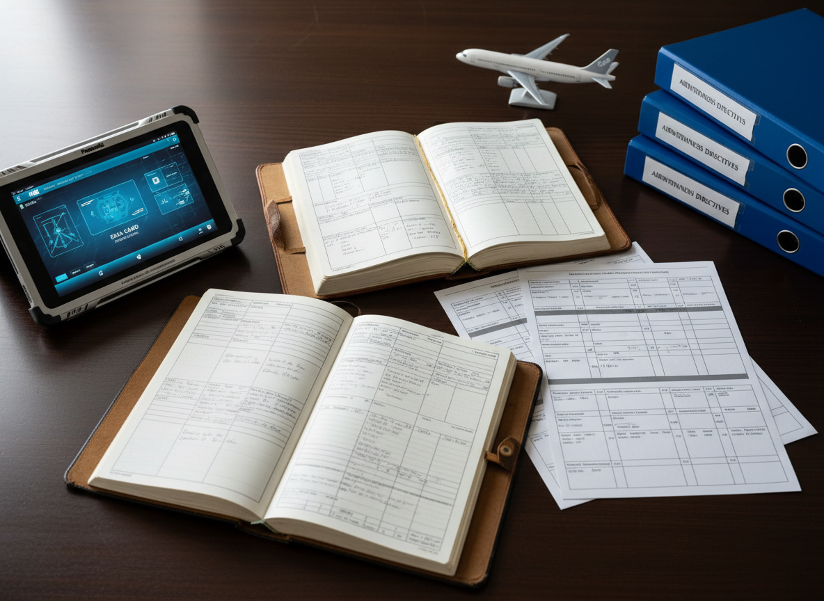 A close-up, overhead photographic view of a polished dark-wood desk arranged for EASA CAMO documentation work, featuring open technical logbooks, structured maintenance record forms with clearly printed grids, and a rugged metallic tablet displaying a digital aircraft status overview in cool blue interface colors. A small model airliner in neutral white and grey sits on a corner of the desk beside neatly stacked airworthiness directives binders. Soft overcast window light from the left creates subtle shadows and a calm, focused atmosphere. The composition follows the rule of thirds with sharp detail on paper textures, printed text, and the tablet screen, evoking meticulous record-keeping, regulatory compliance, and professional aviation consulting in a realistic, minimalist photographic style.