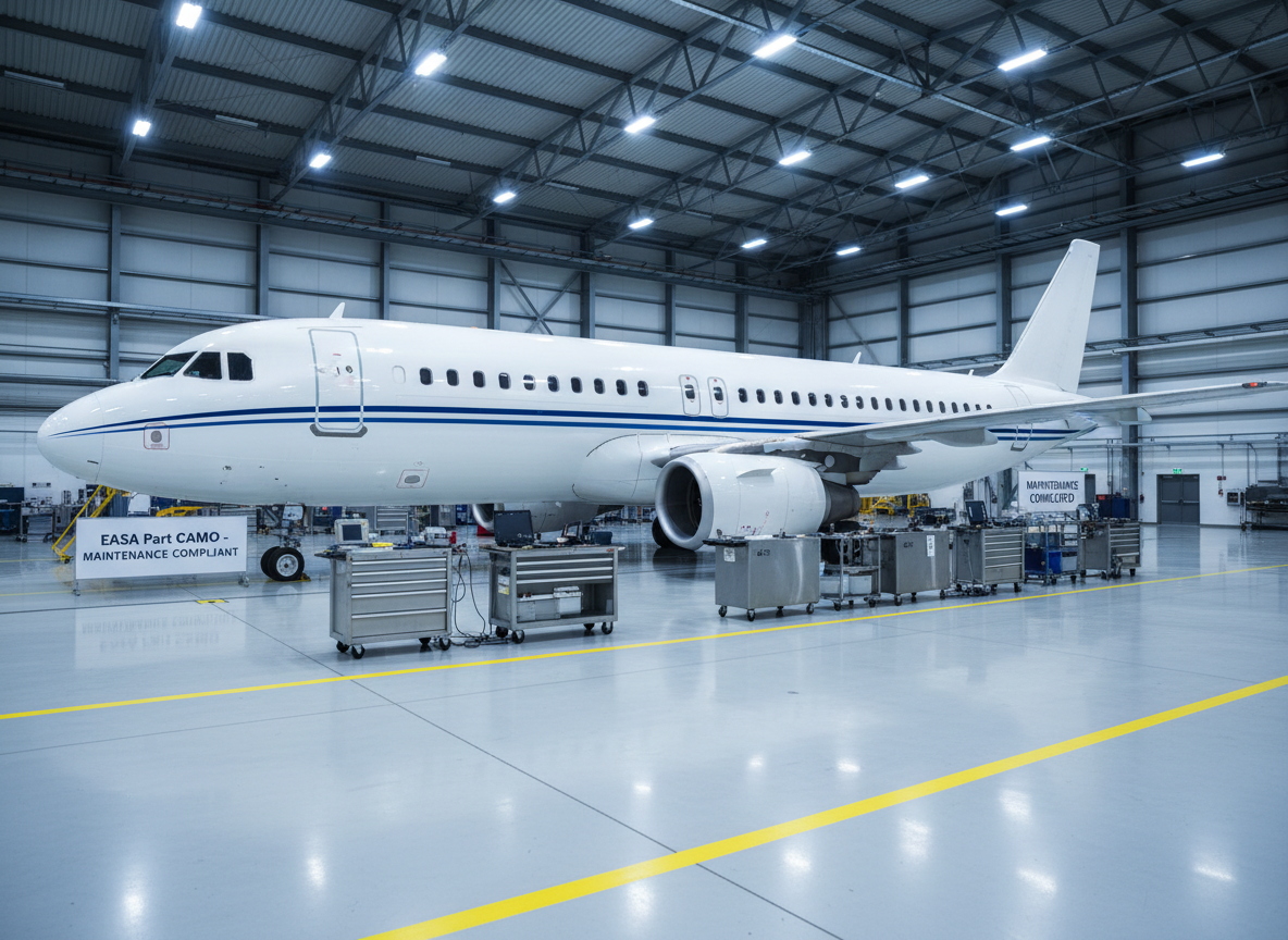 A high-resolution, side-on photographic view of a medium-sized commercial aircraft parked in a pristine maintenance hangar, its white fuselage accented with subtle blue striping. The aircraft’s access panels are closed, emphasizing a fully compliant, airworthy state. Surrounding the plane are neatly arranged tool cabinets, calibrated equipment, and clearly marked safety zones on polished concrete flooring. Cool, even overhead hangar lighting creates crisp reflections on the aircraft’s skin and gentle shadows under the wings. Shot from a slightly low angle with wide depth of field, the composition highlights the aircraft as the central subject while conveying order, safety, and strict adherence to EASA Part CAMO standards in a clean, professional photographic realism style.